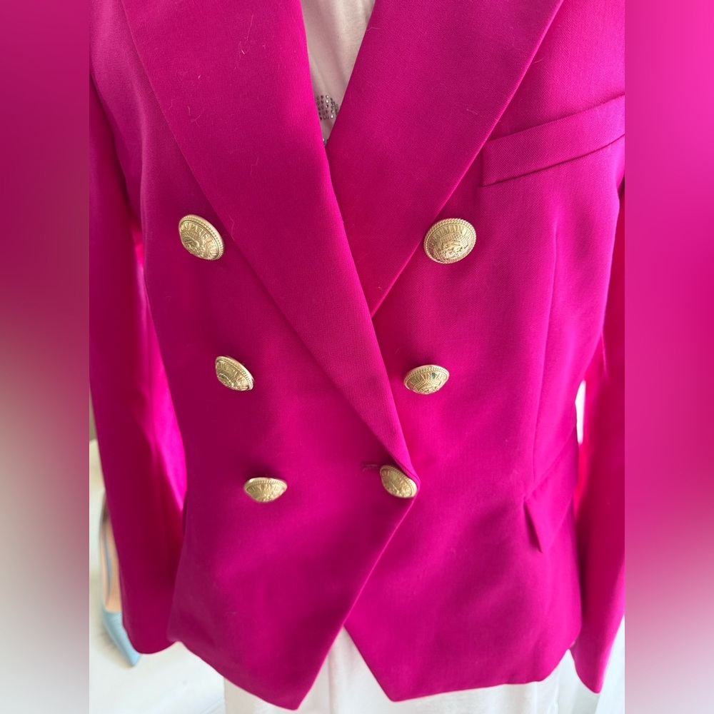 Balmain Fuchsia Double-Breasted Blazer with Gold Buttons